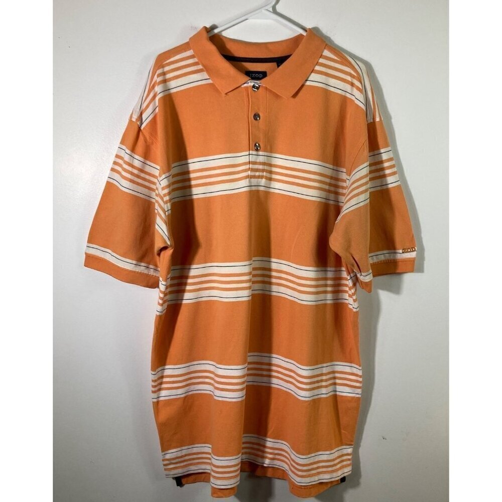 Mens Izod Short Sleeve Cotton Polo‎ Shirt Orange White Stripe 2XLT